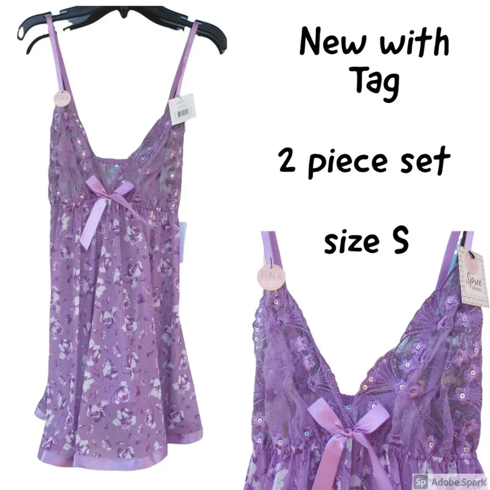 sheer floral nighty panty set embroidered & sequin accent size S - Picture 4 of 15